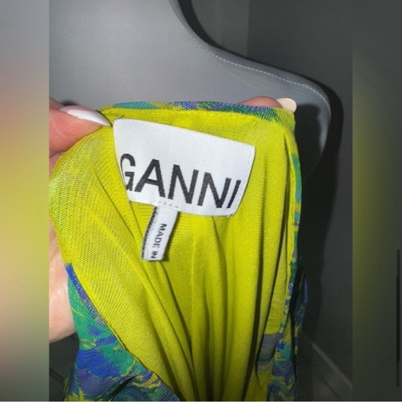 Ganni Ruched Printed Long Sleeve Stretch-Mesh Midi Dress - Picture 9 of 12